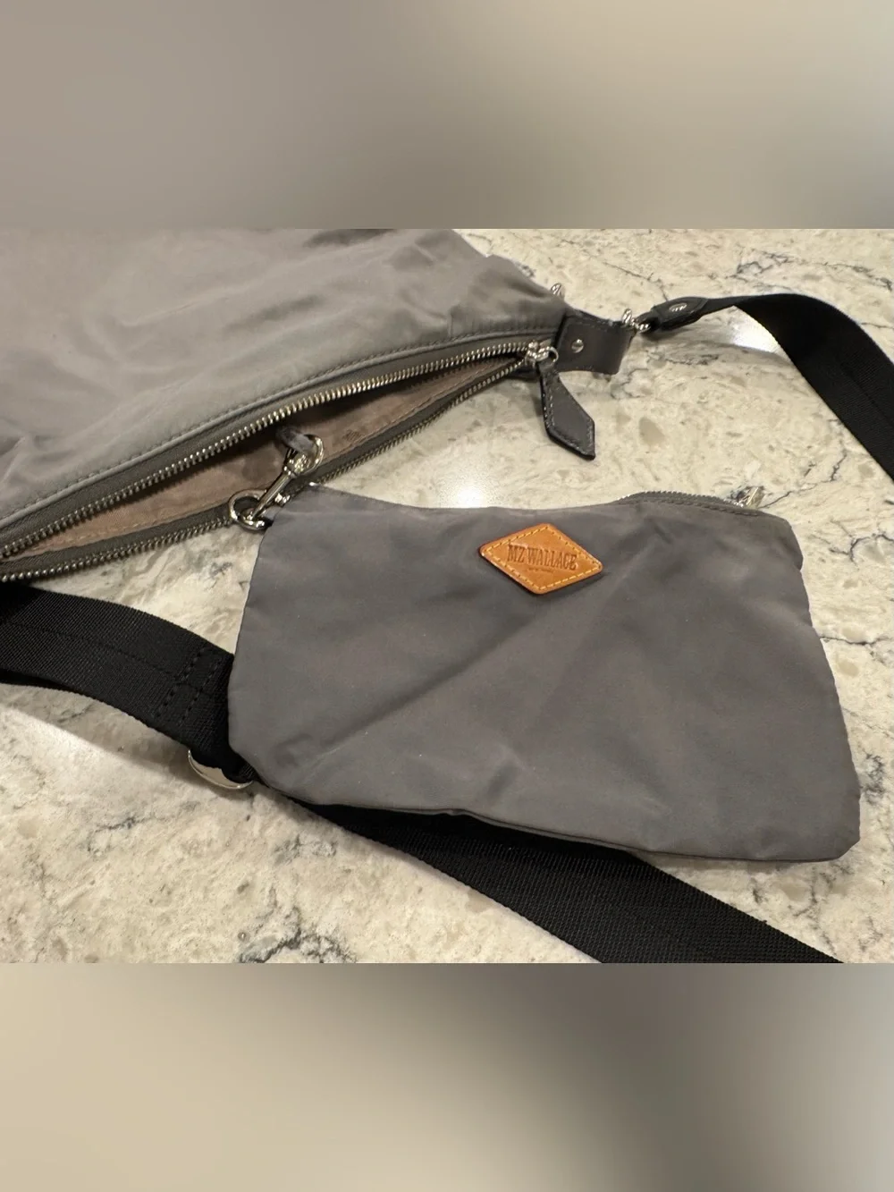 MZ Wallace Gray Nylon Hobo Shoulder Bag Silver Hardware Lightweight Purse